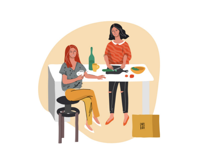 Illustration of two women situated around a breakfast bar; one is stood preparing food whilst the other is sat on a stool with a drink