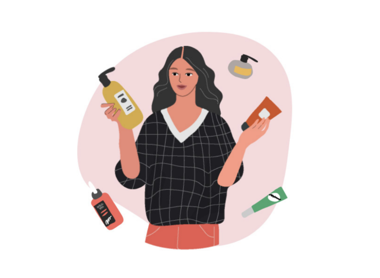 Illustration of a woman holding two bottled products with 3 more floating around her