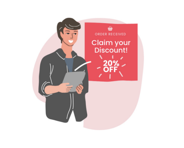 Illustration of a man smiling at the opportunity of a discount
