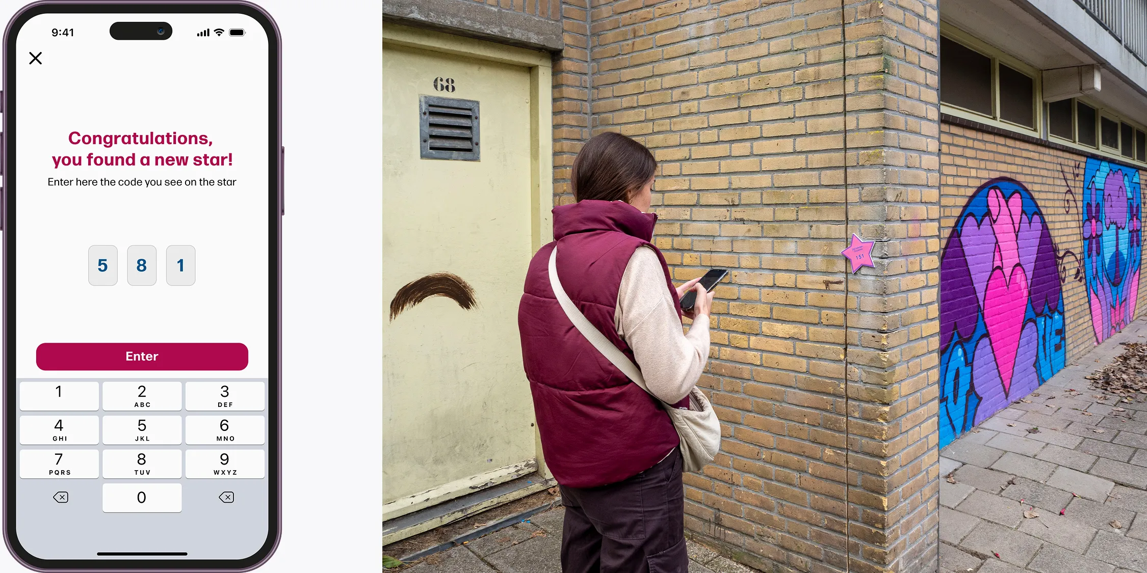 A split-screen image showing a person in a maroon vest using a smartphone to find a star-shaped hidden code on a brick wall next to a colorful mural, paired with a mobile app interface for entering a discovery code.
