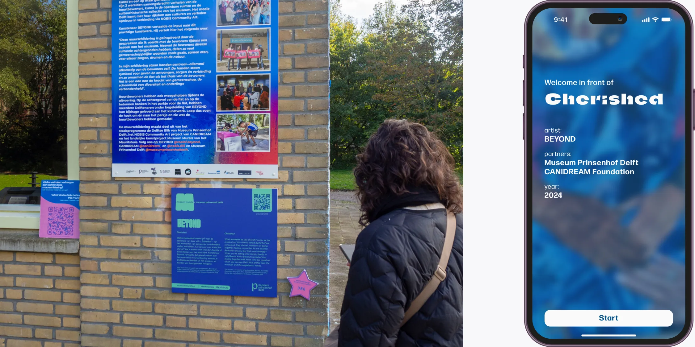 A split-screen image showing a person standing in front of an informational mural on a brick wall, paired with a mobile app interface titled "Welcome in front of Cherished."