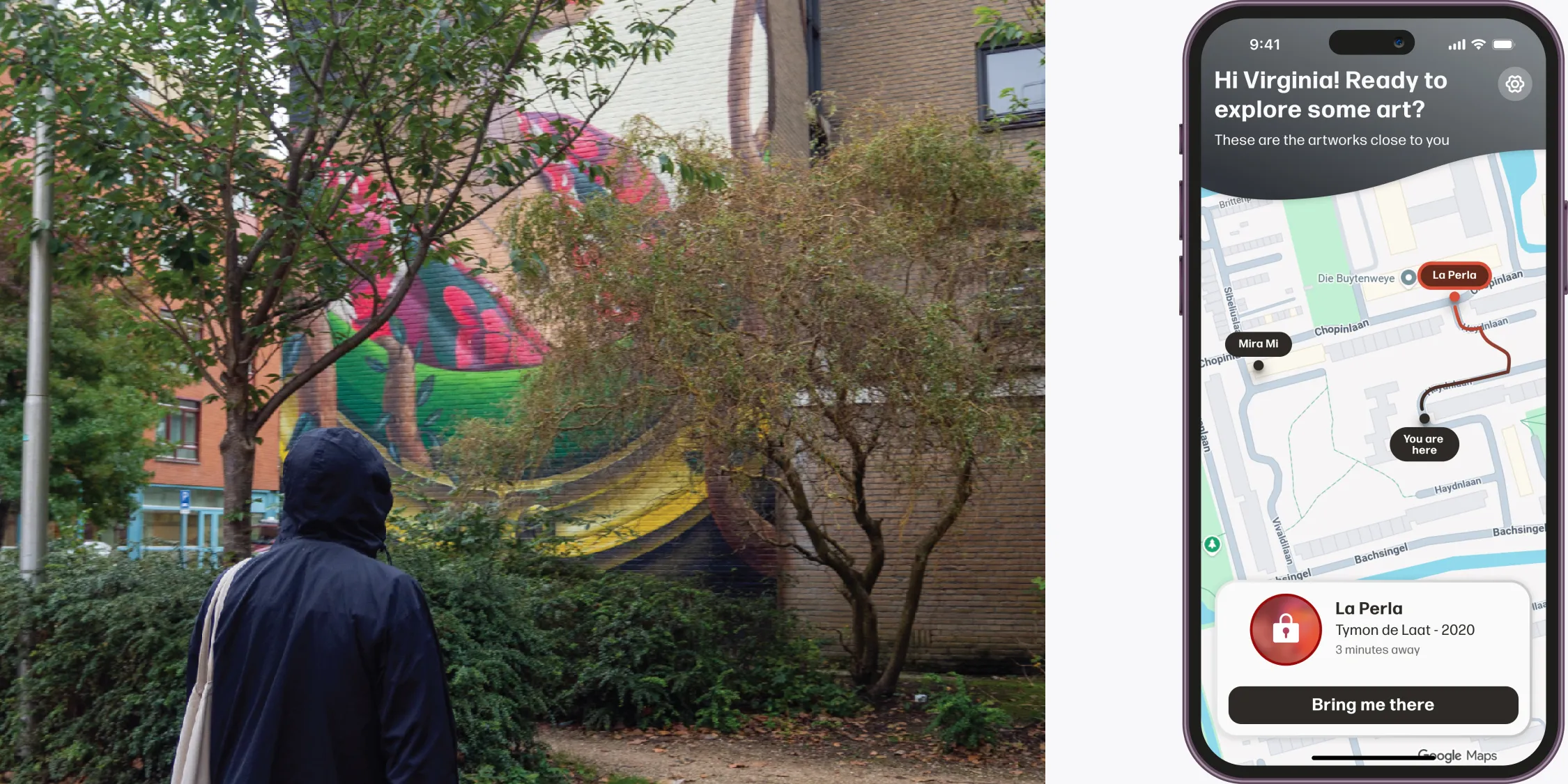 A split-screen image showing a person in a dark hooded jacket walking toward a colorful mural partially obscured by trees, paired with a mobile app interface showing a map and navigation instructions to the "La Perla" artwork.