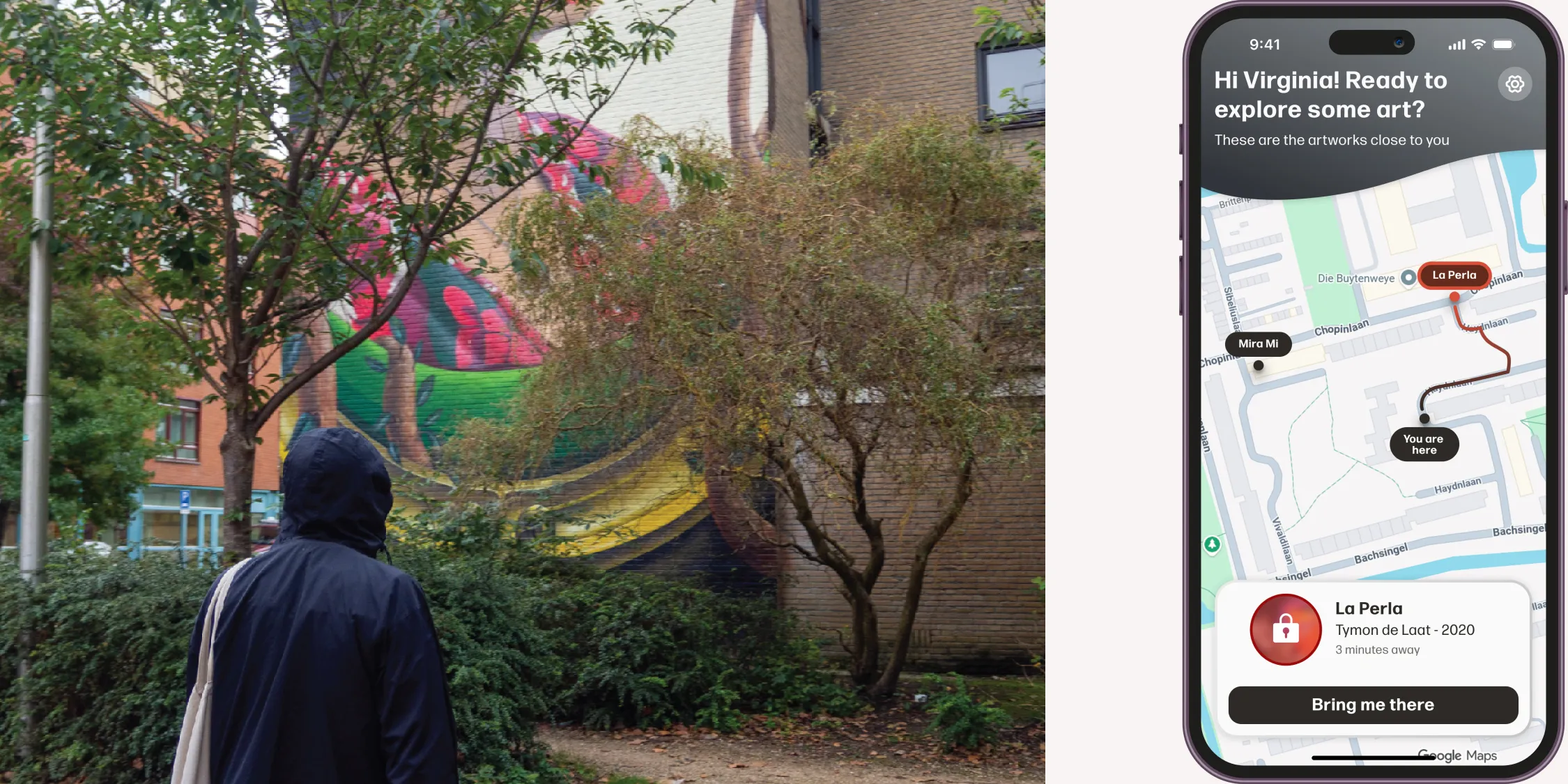 A split-screen image showing a person in a dark hooded jacket walking toward a colorful mural partially obscured by trees, paired with a mobile app interface showing a map and navigation instructions to the "La Perla" artwork.