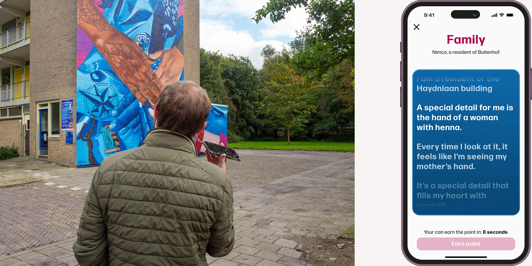 A split-screen image showing a person in a green jacket listening to an audio guide on their phone while looking at a large-scale mural of hands on a building, paired with a mobile app interface displaying a personal story about the artwork titled "Family."