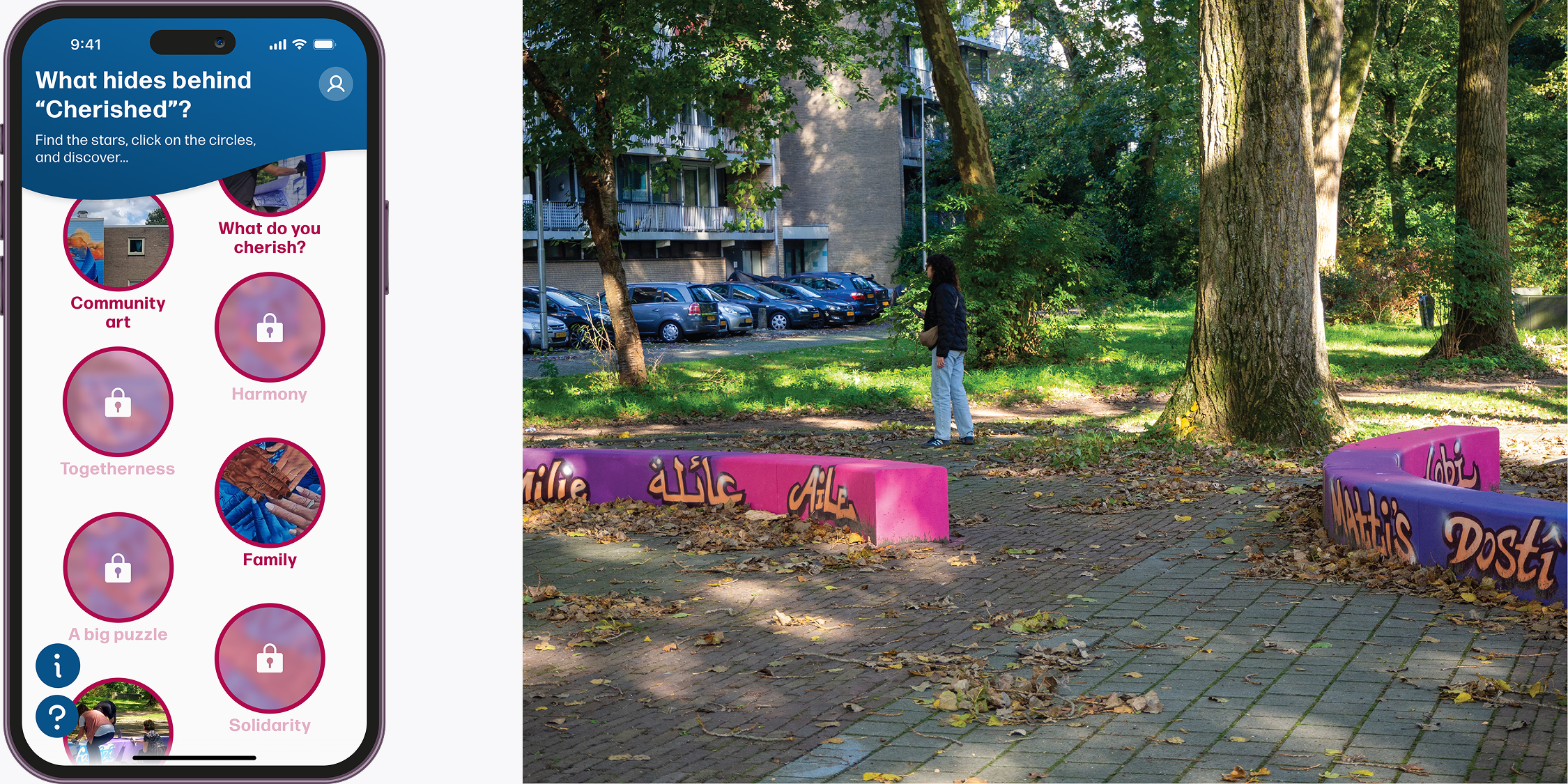 split-screen image showing a park with colorful, graffiti-style benches in a wooded area, paired with a mobile app interface titled "What hides behind ‘Cherished’?" featuring a series of circular content categories like "Family" and "Solidarity."