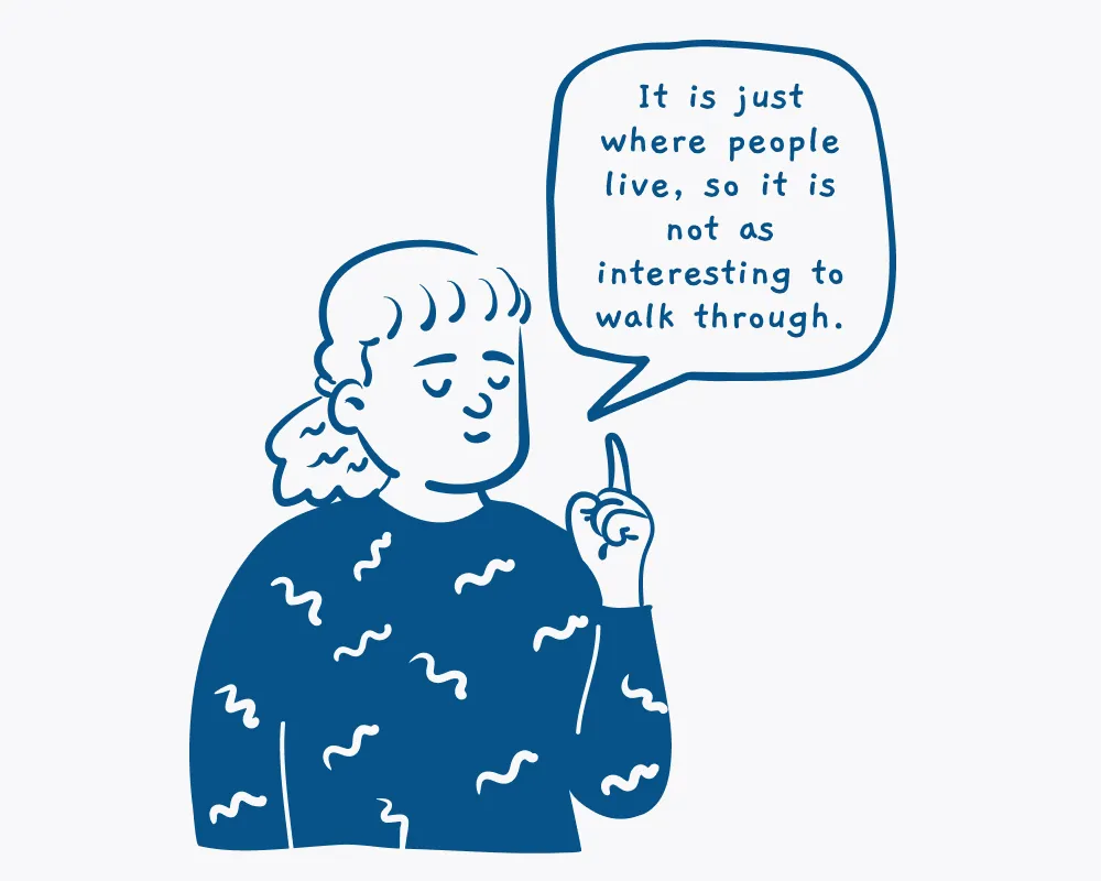 A blue-and-white line drawing of a person in a patterned sweater pointing upward, with a speech bubble stating, "It is just where people live, so it is not as interesting to walk through."