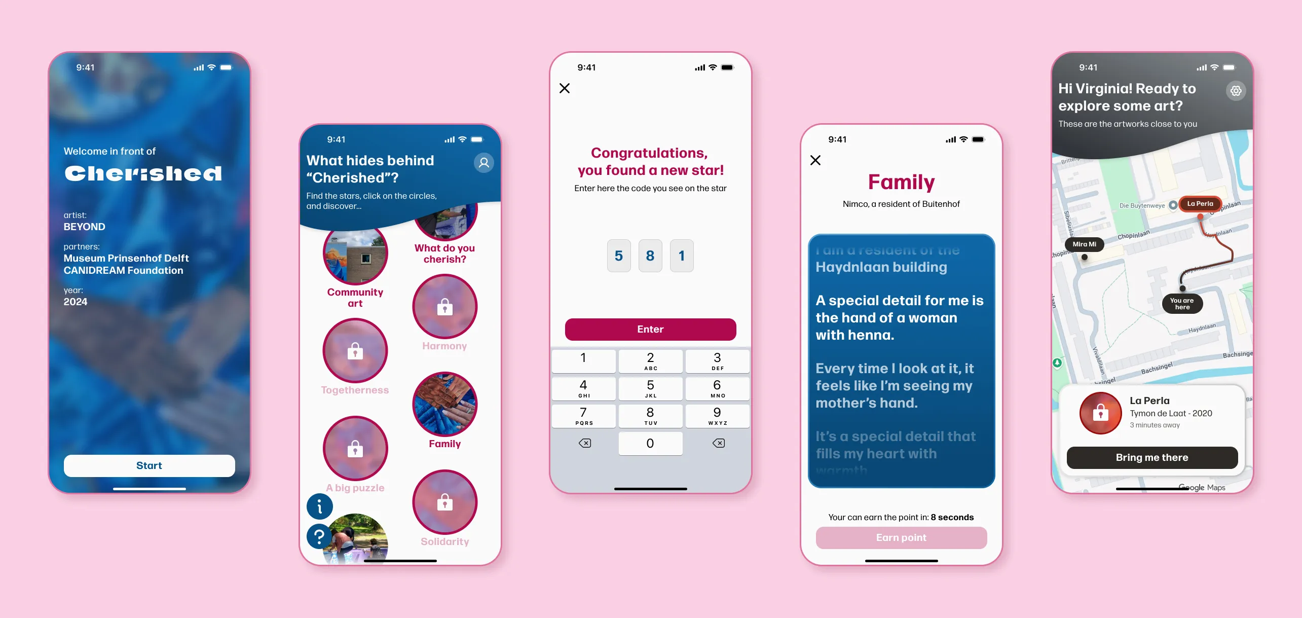 Five smartphone screens showing different stages of the app: welcome screen, star discovery menu, code entry for a new star, voice story page, and a map view with art locations.