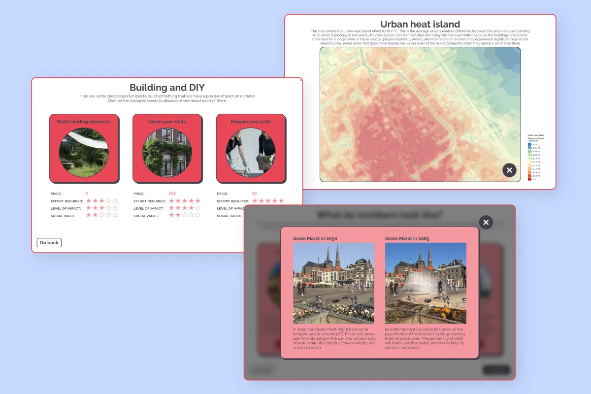 3 screens of a digital interface prototype showcasing: climate-positive home projects like shading and green walls, a heat map, and a comparison of Grote Markt in the years 2050 and 2085.