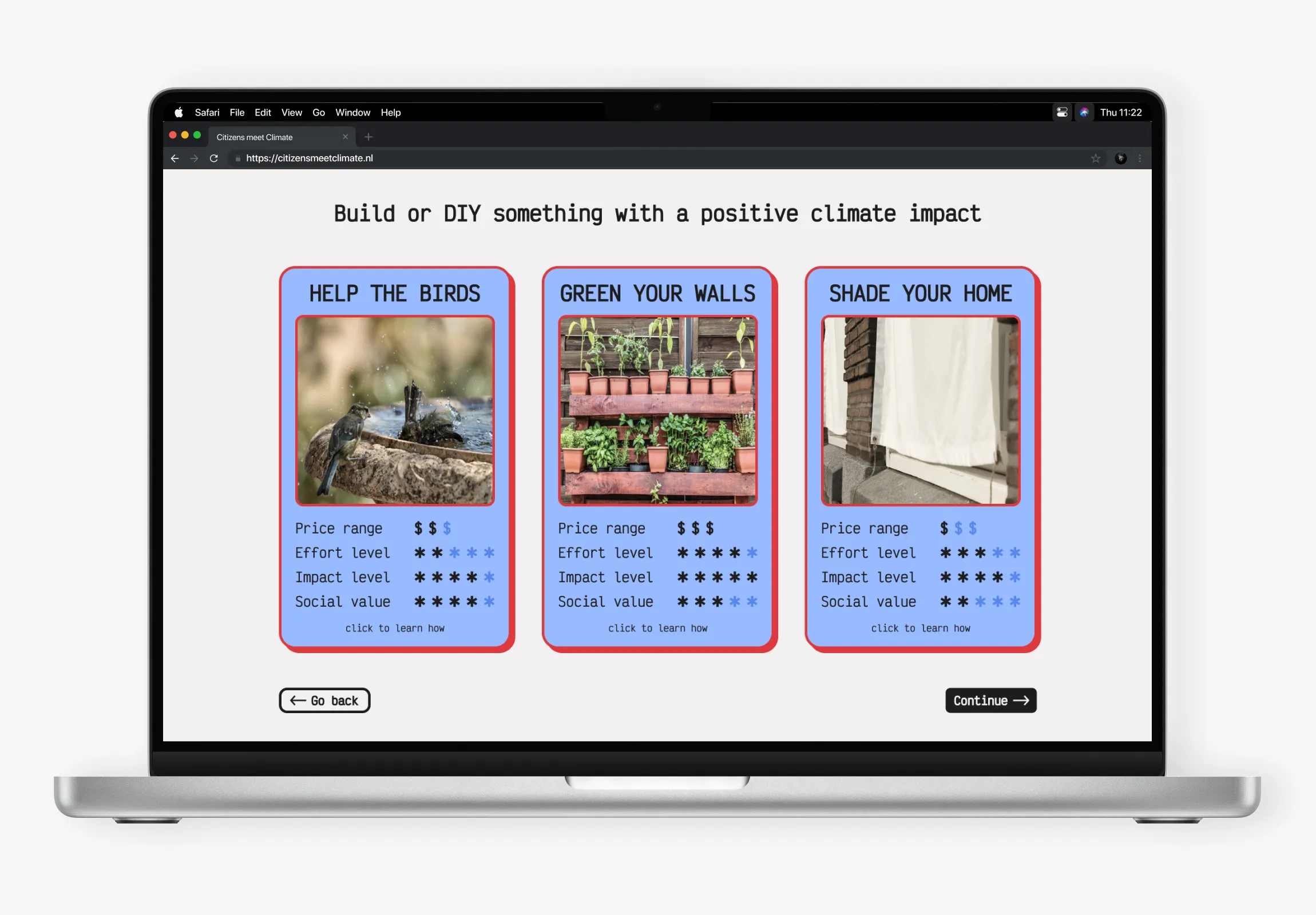 A web interface prototype on a laptop screen titled "Build or DIY something with a positive climate impact," featuring three actionable cards for "Help the Birds," "Green Your Walls," and "Shade Your Home." Each card includes a price range, effort level, impact level, and social value rating.