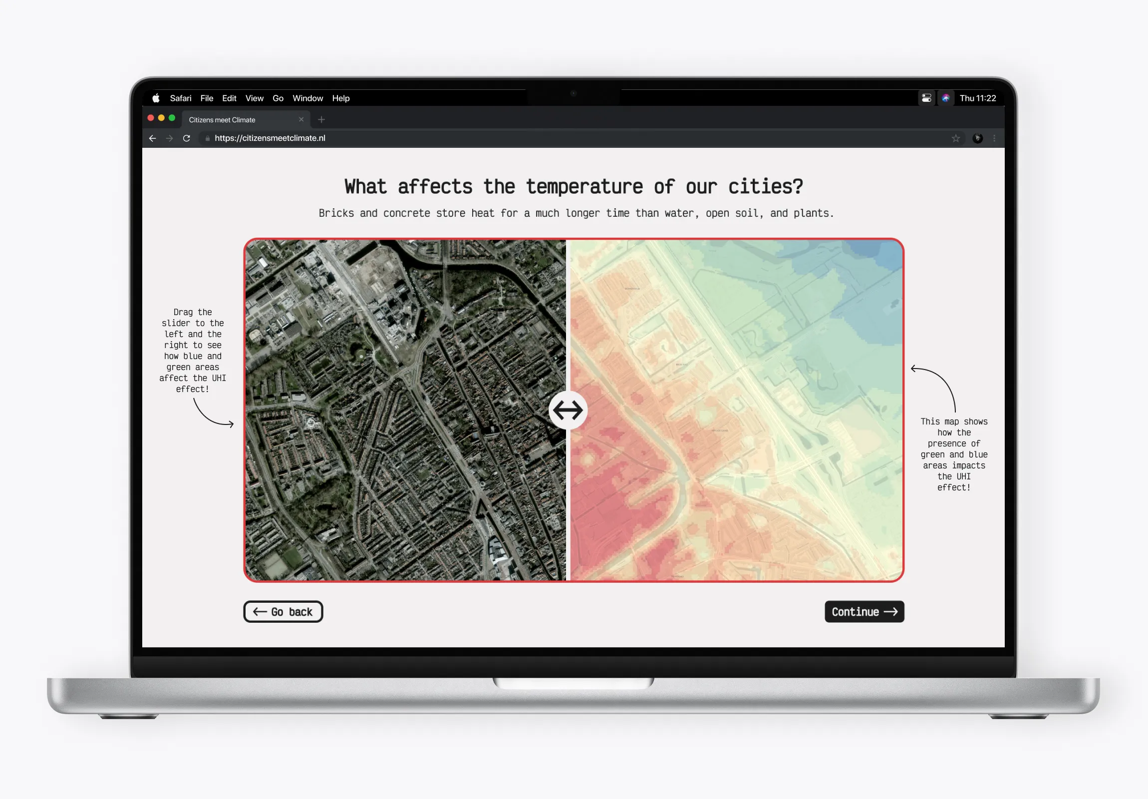 A laptop screen displaying a web interface titled "What affects the temperature of our cities?", featuring a split-screen interactive slider comparing a satellite aerial view of a city with a corresponding heat map showing high-temperature "urban heat island" zones in red.