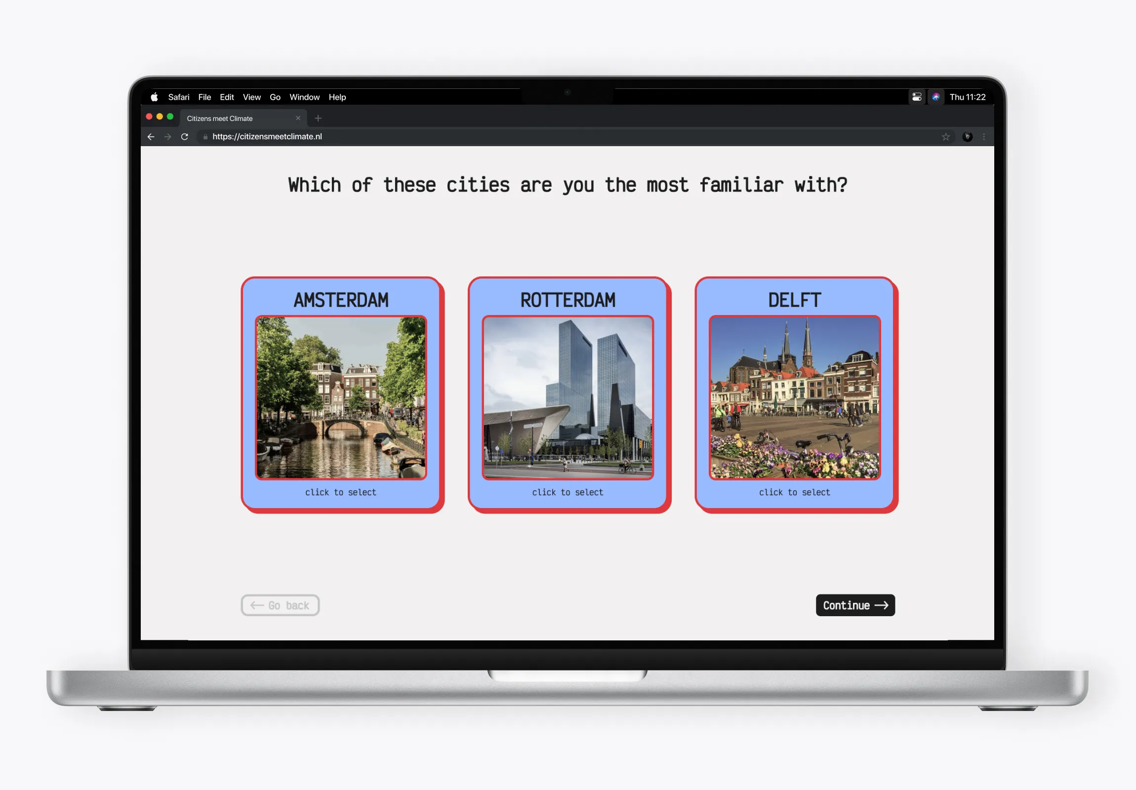 A laptop screen displaying a web interface titled "Which of these cities are you most familiar with?", featuring three selectable image cards for Amsterdam, Rotterdam, and Delft.