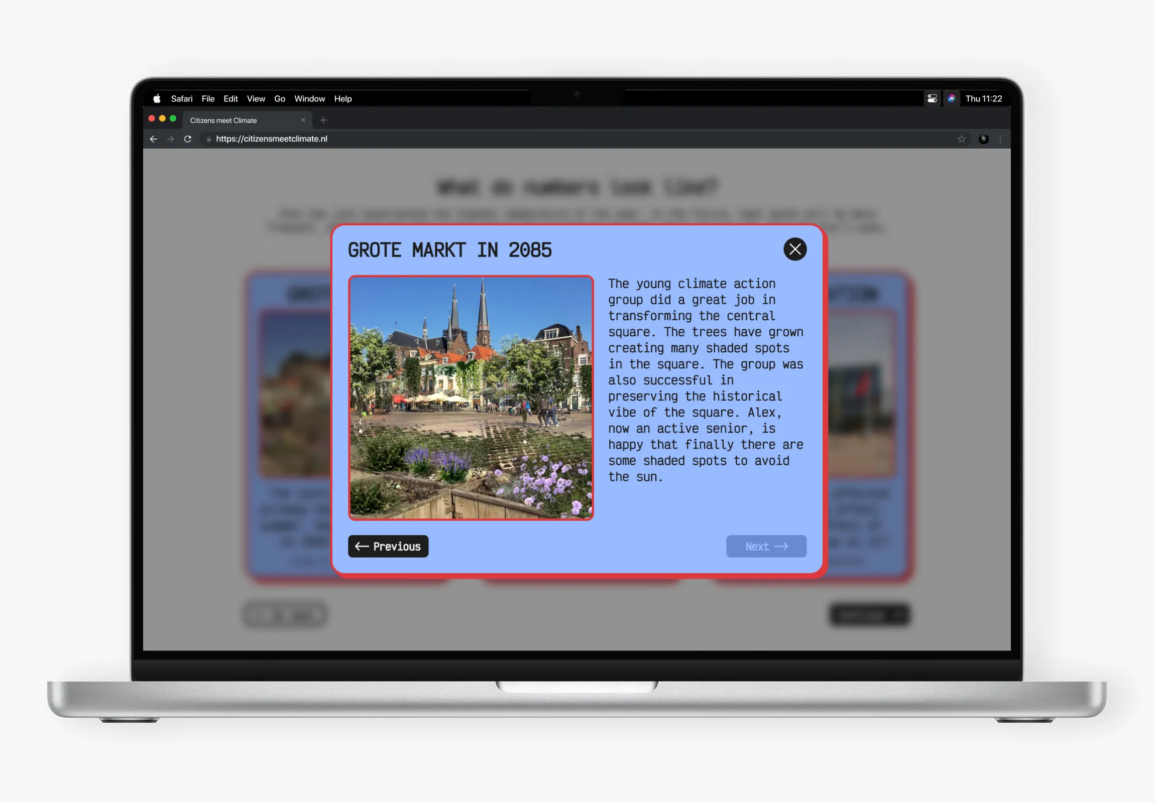 A web interface prototype on a laptop screen titled "GROTE MARKT IN 2085," featuring a mockup of a transformed city square in Delft with lush green trees and shaded areas. Beside the image, a text box describes a future scenario where a climate action group has successfully preserved the square's historical vibe while adding nature to help citizens like "Alex" avoid the sun.