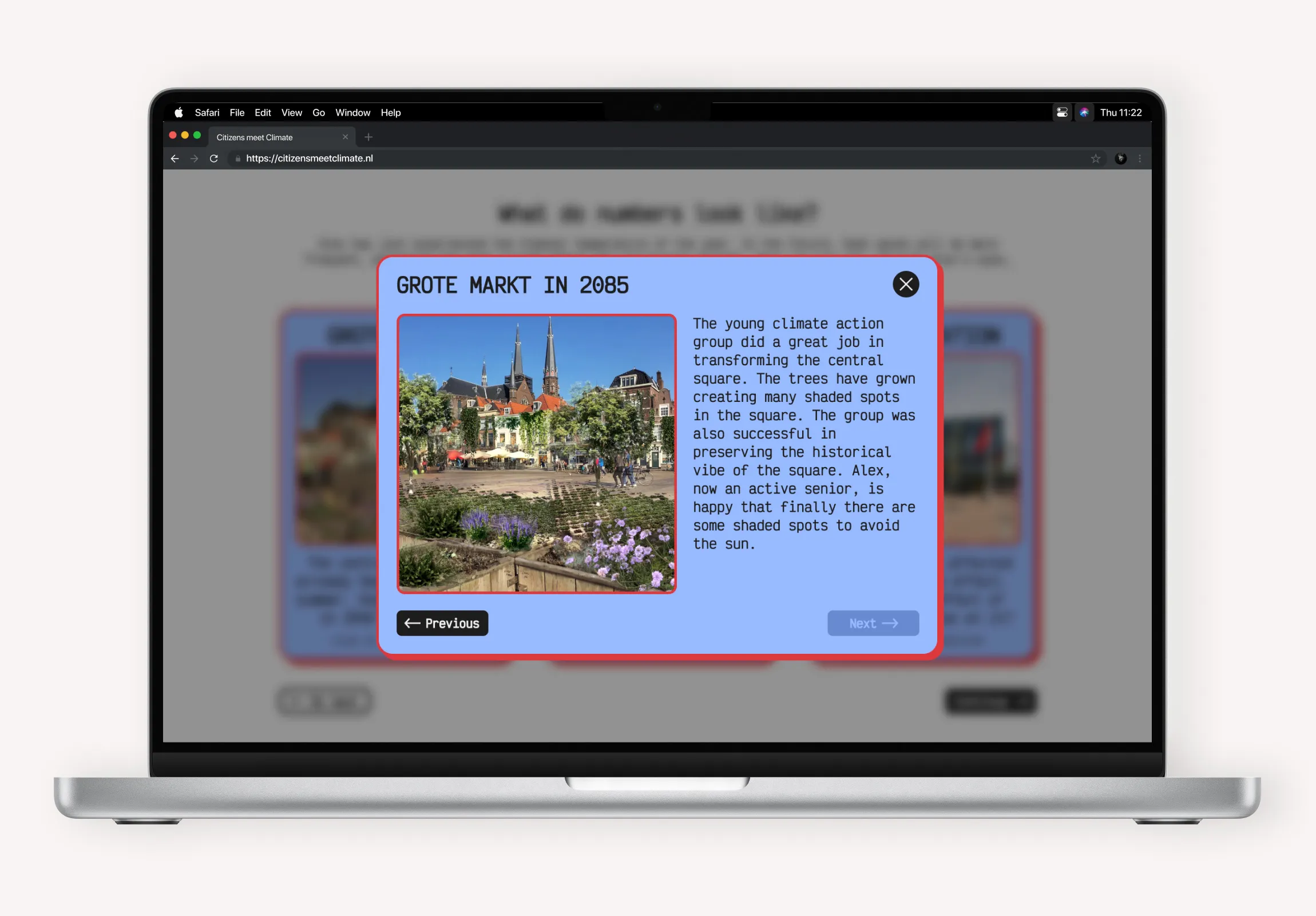 A web interface prototype on a laptop screen titled "GROTE MARKT IN 2085," featuring a mockup of a transformed city square in Delft with lush green trees and shaded areas. Beside the image, a text box describes a future scenario where a climate action group has successfully preserved the square's historical vibe while adding nature to help citizens like "Alex" avoid the sun.