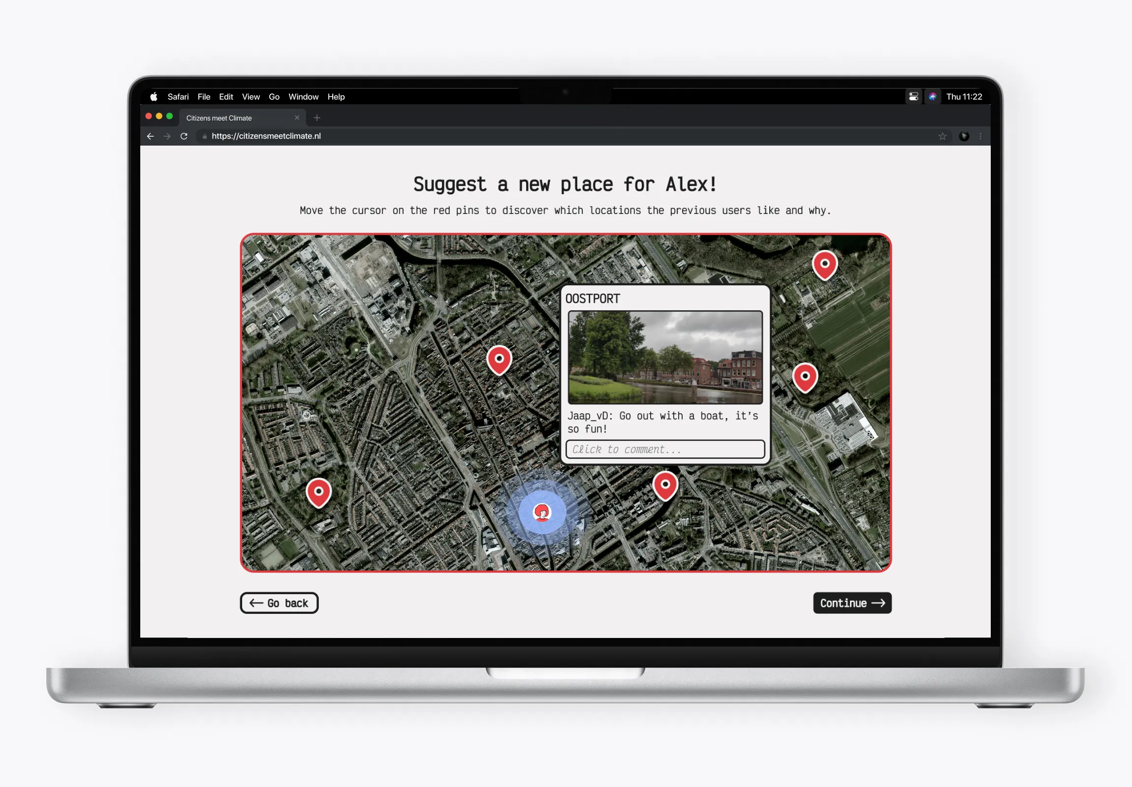 A laptop screen displaying a web interface titled "Suggest a new place for Alex!", featuring an interactive aerial map of a city with several red location pins. A pop-up for "Oostport" shows a canal photo and a user comment recommending a boat trip.