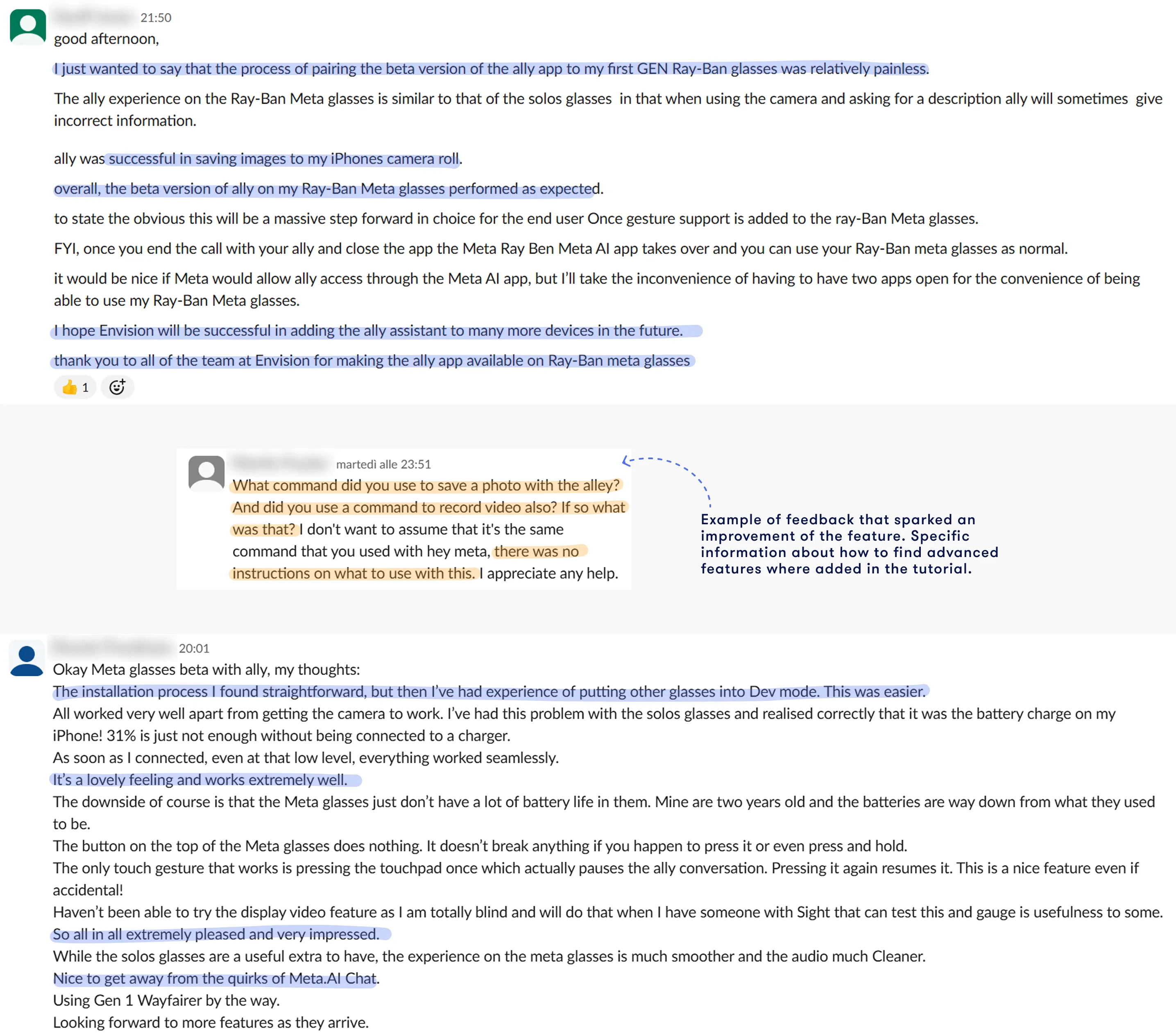 Screenshots of beta tester feedback messages from a group chat. Testers share generally positive impressions of the Meta Ray-Ban integration — praising the pairing process and seamless experience — while noting issues like missing instructions for advanced voice commands. An annotation highlights how one piece of feedback directly led to adding advanced feature guidance to the tutorial.