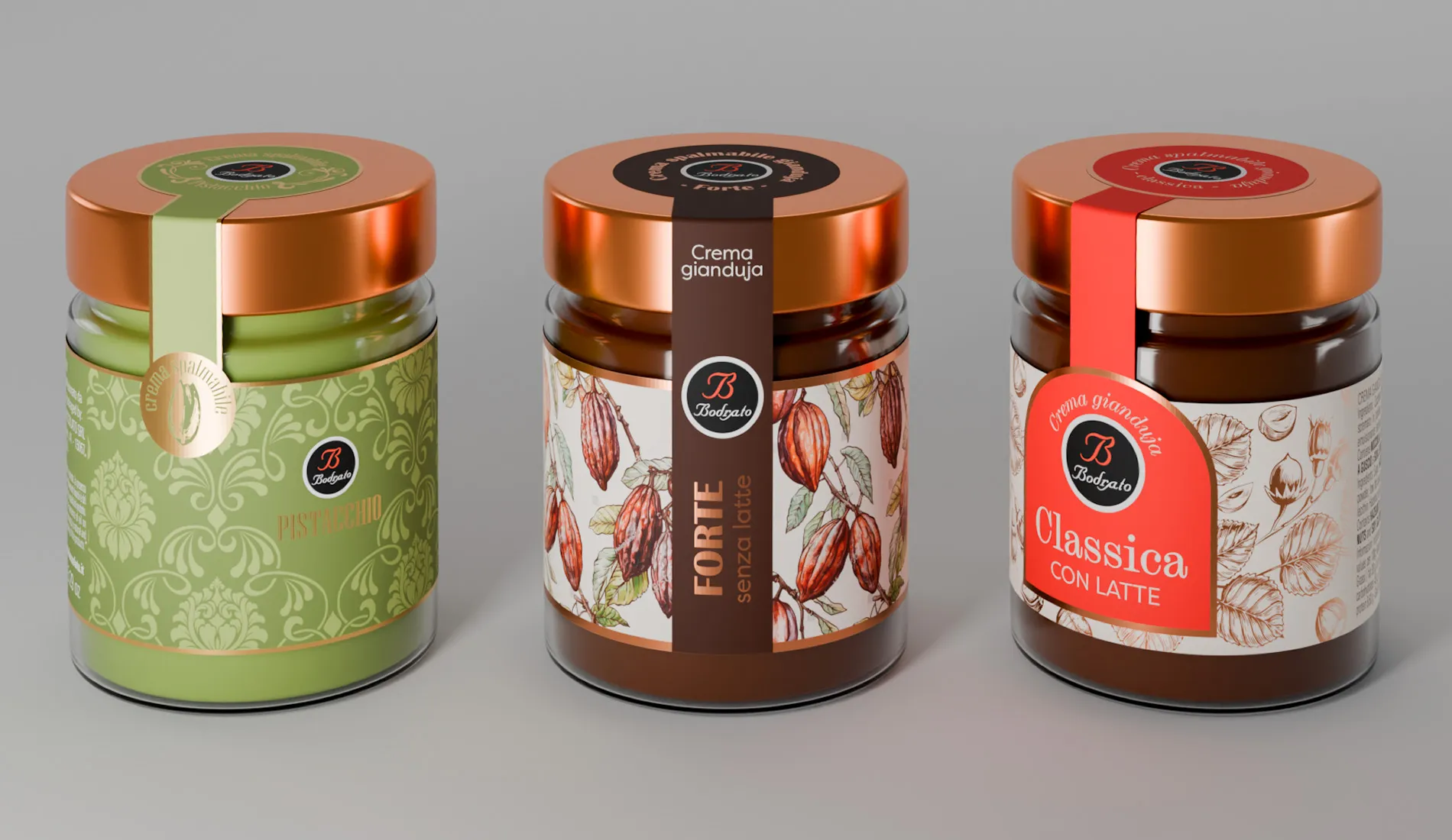 A 3D product render of three Bodrato chocolate spread jars against a gray background. From left to right: a green-labeled pistachio cream jar, a dark brown-labeled Forte jar with a band wrap showing illustrated cacao pods, and a red-labeled Classica jar with illustrated hazelnuts, all with copper lids and the Bodrato logo medallion.