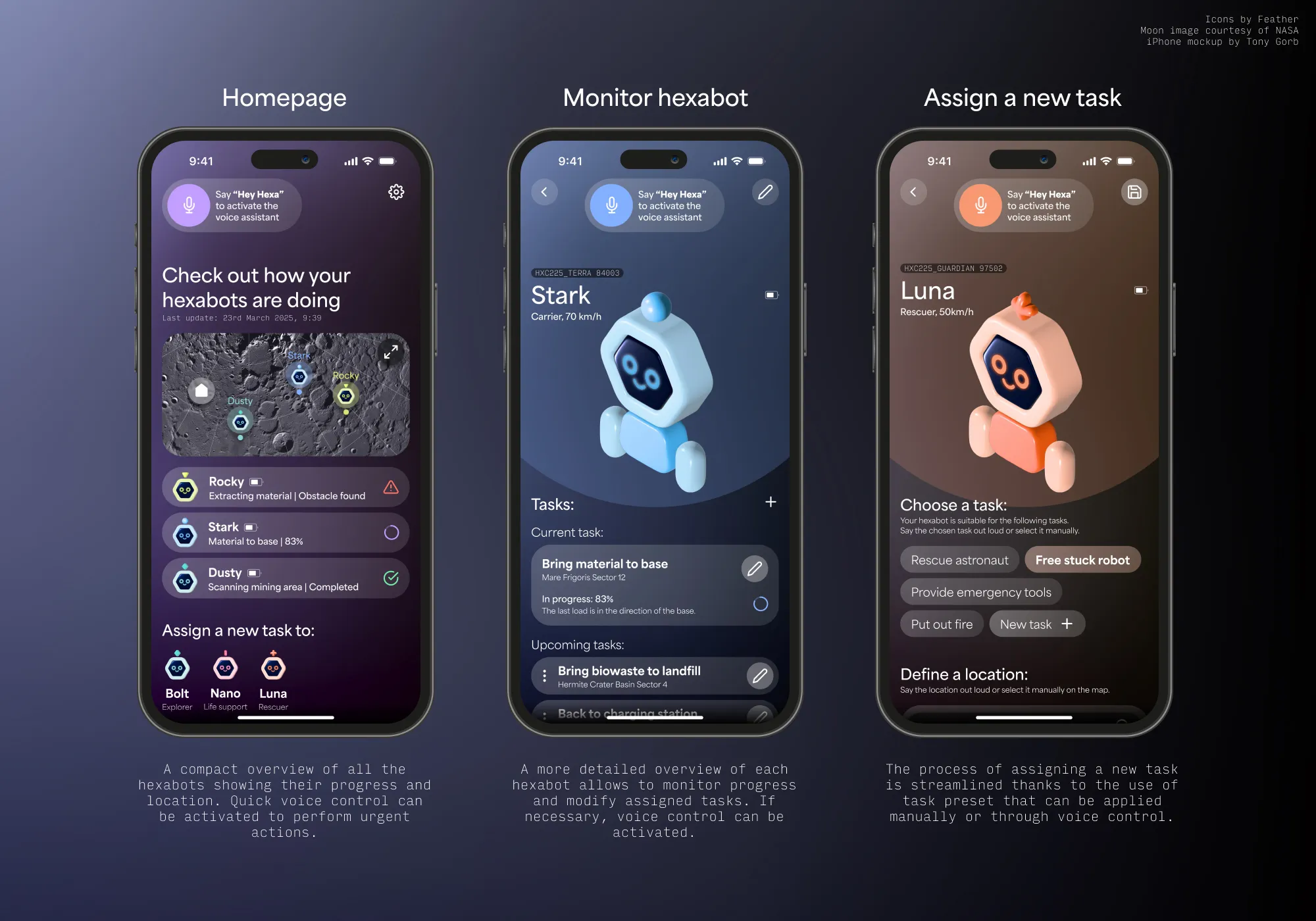 Three dark-themed mobile screens for a fictional moon robot management app. The home screen shows a map of the moon with robot positions and a status list. The "Monitor hexabot" screen shows a detailed view of a robot named Stark with its current and upcoming tasks. The "Assign a new task" screen shows a robot named Luna with selectable task presets and a location field.