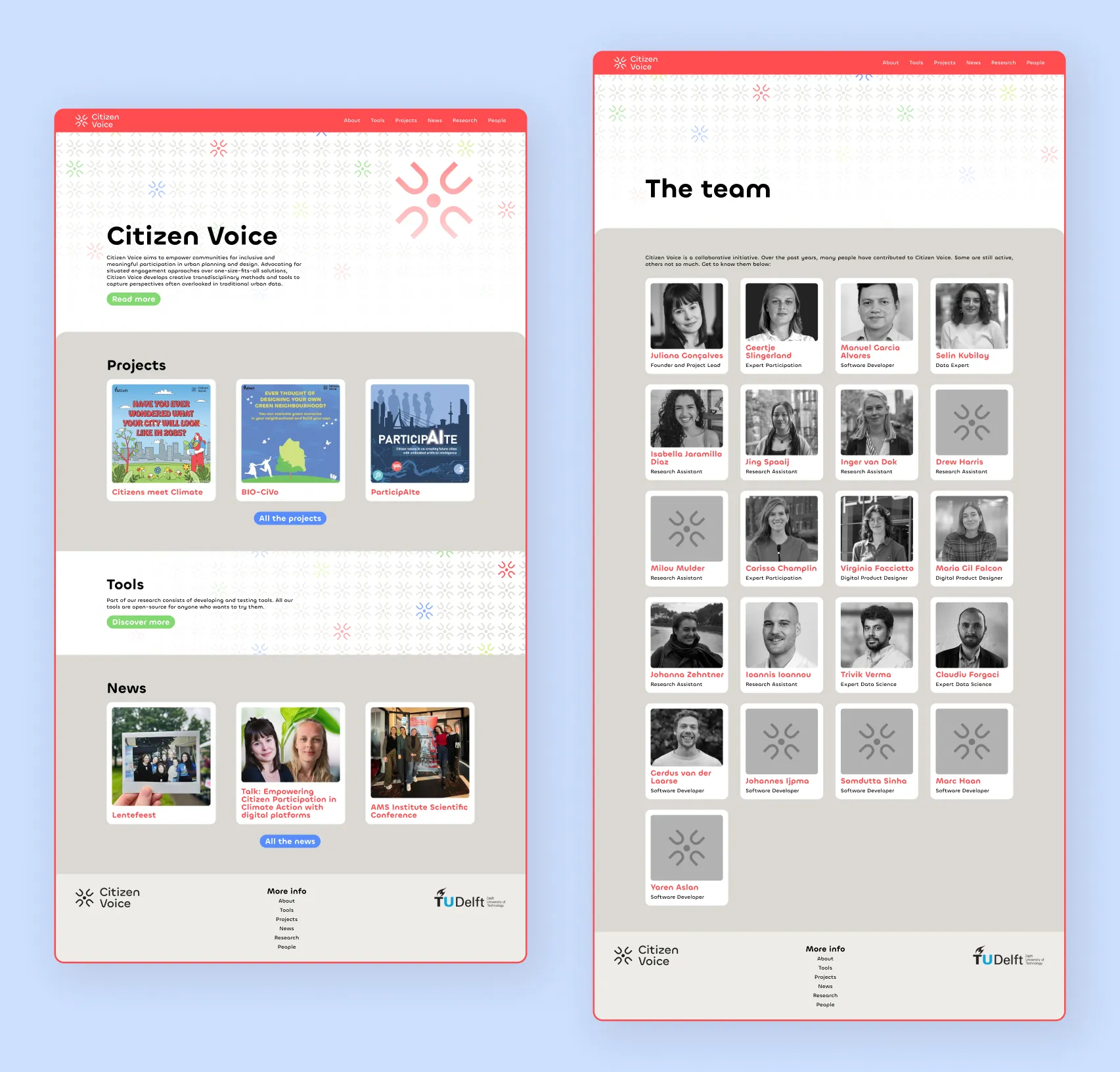  Two desktop website mockups of the Citizen Voice website on a light blue background. The left mockup shows the homepage with a projects section featuring Citizens meet Climate, BIO-CiVo, and ParticipaIte, plus tools and news sections. The right mockup shows the team page with a grid of black-and-white portrait photos and names of contributors.