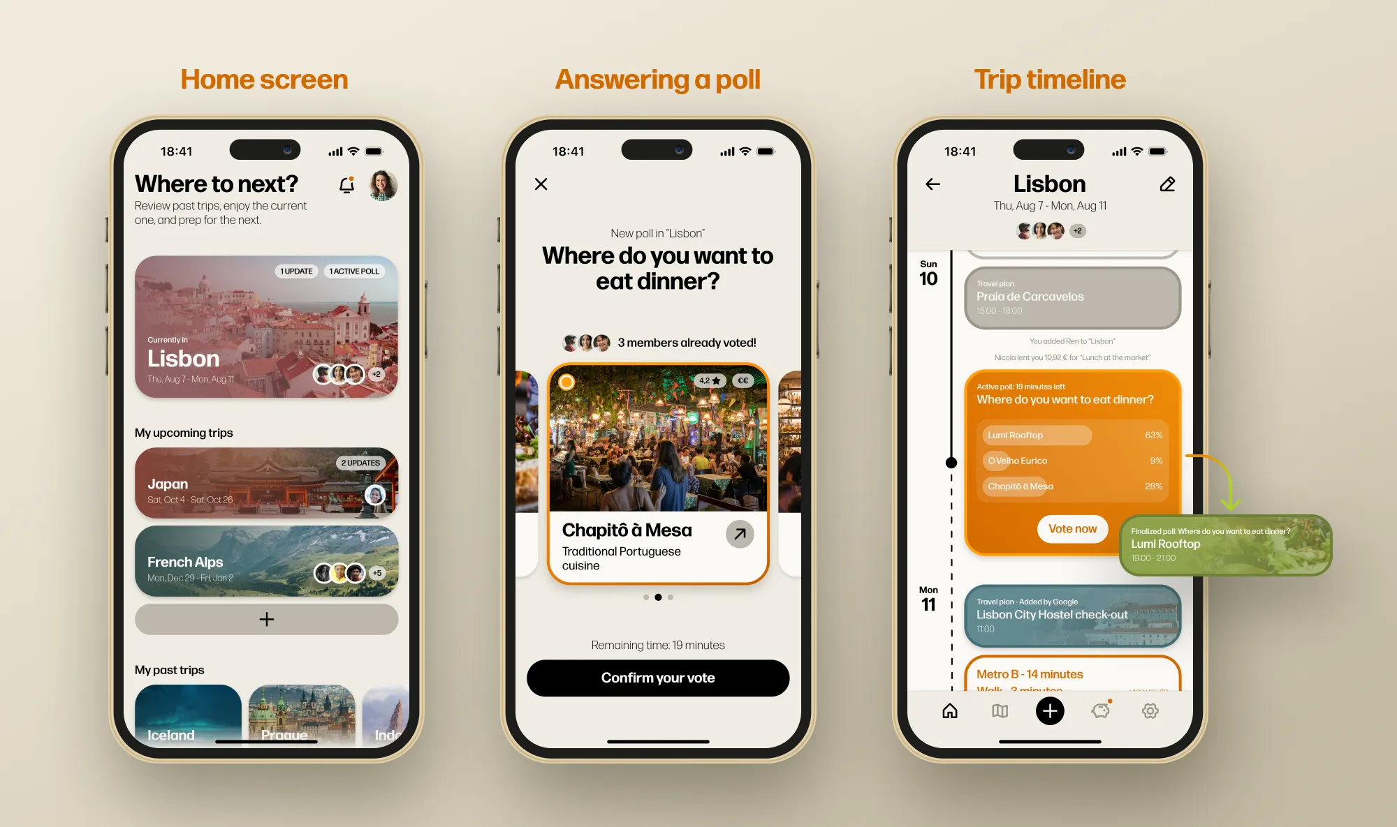 Three mobile app screens for a group travel planning app. The home screen shows current and upcoming trips including Lisbon, Japan, and the French Alps. The center screen shows a group poll asking "Where do you want to eat dinner?" with a restaurant option and a confirm vote button. The right screen shows the Lisbon trip timeline with color-coded activities, a poll result, and travel logistics.