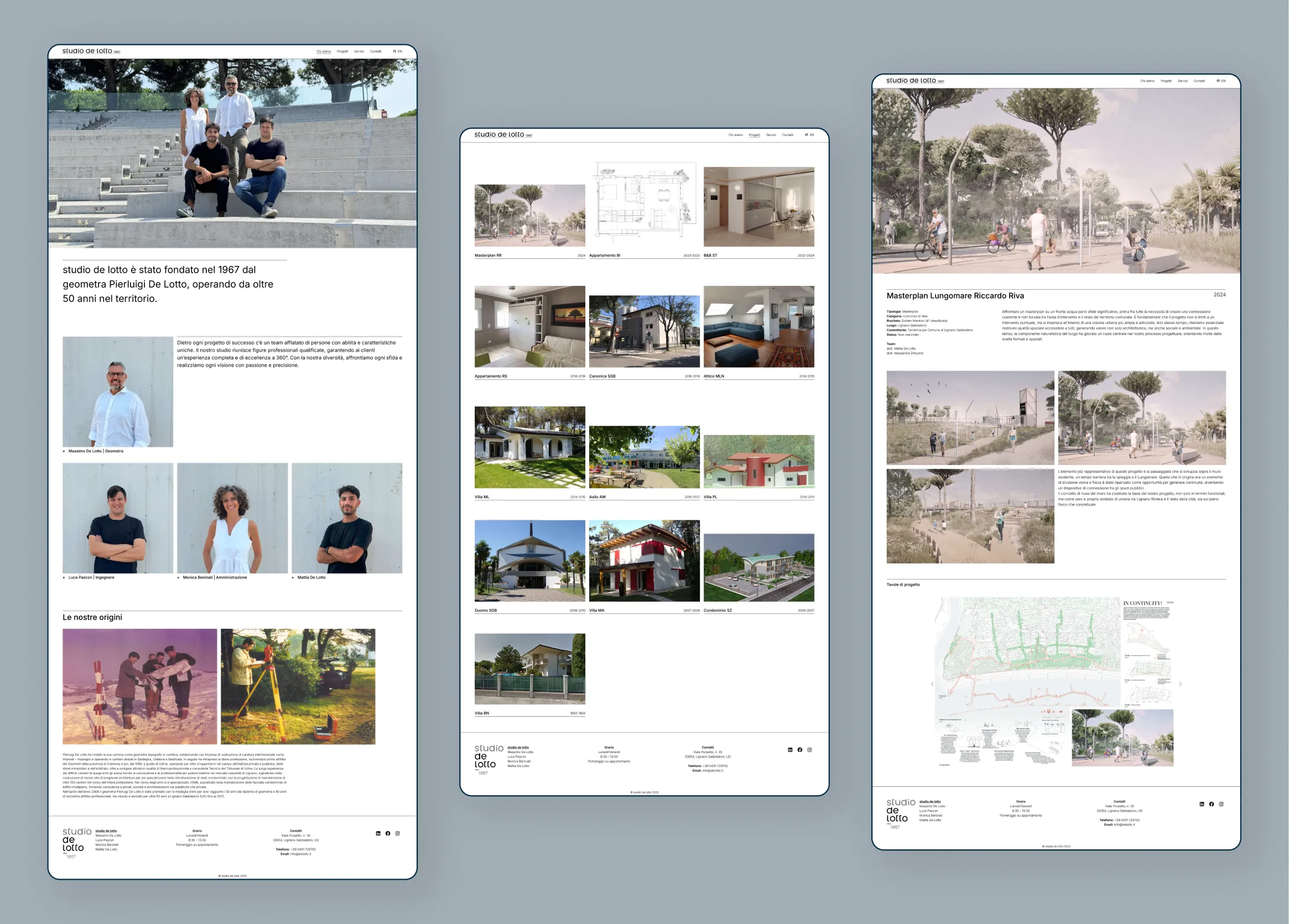 Three vertical desktop website screenshots for Studio De Lotto, an Italian architecture firm, displayed against a gray background. The left mockup shows the about page with team photos and studio history. The center mockup shows a projects grid with thumbnail images of residential buildings. The right mockup shows a detailed project page for the Masterplan Lungomare Riccardo Riva with architectural renders and a site map.