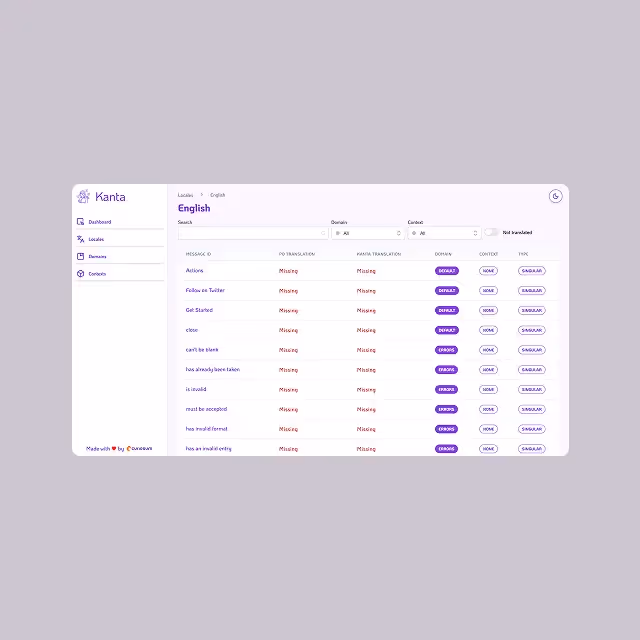 Kanta dashboard displaying translation progress and management features