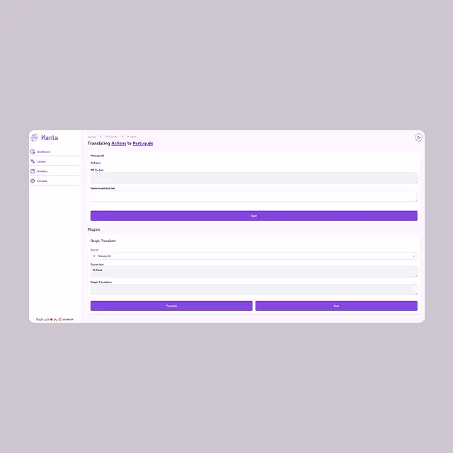 Kanta dashboard displaying translation progress and management features