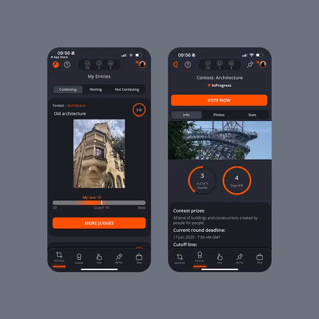 Fotovea contest interface displaying photo submissions and AI ranking algorithm