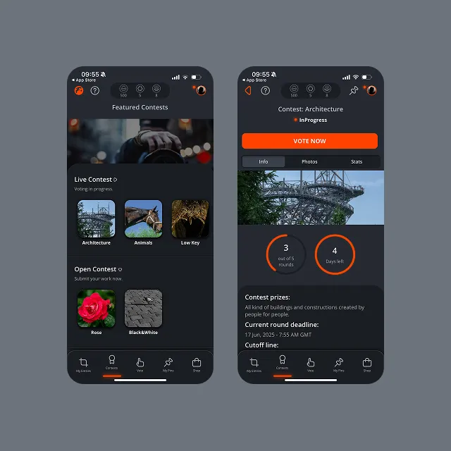 Fotovea contest interface displaying photo submissions and AI ranking algorithm