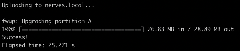 screenshot of the terminal with a successful firmware upload