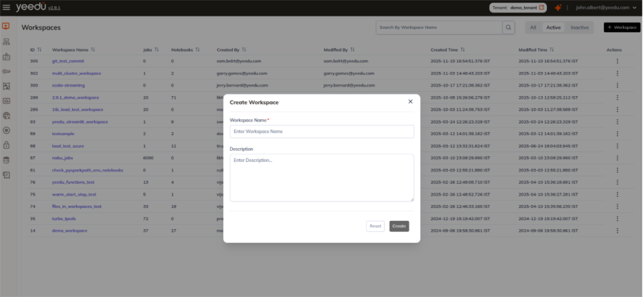 Creating a new workspace under Yeedu workspace