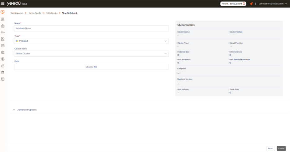 Creating a New Notebook under Yeedu workspace