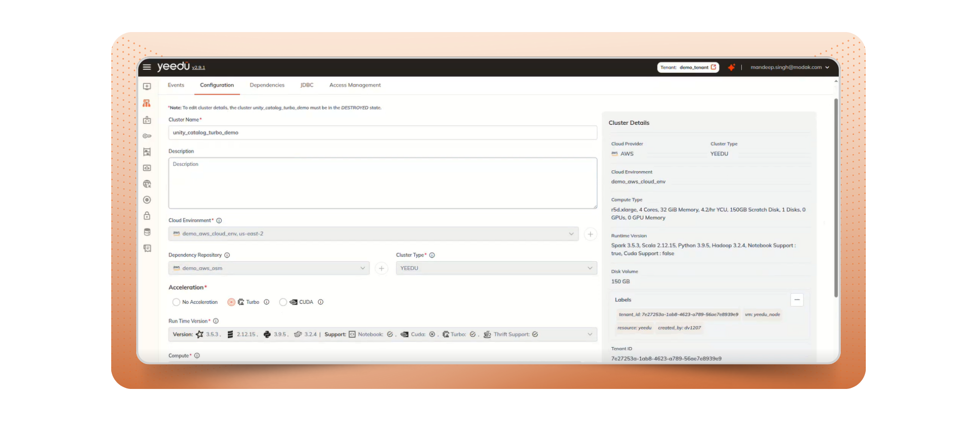 Spark performance tuning dashboard showing live job execution in Yeedu.