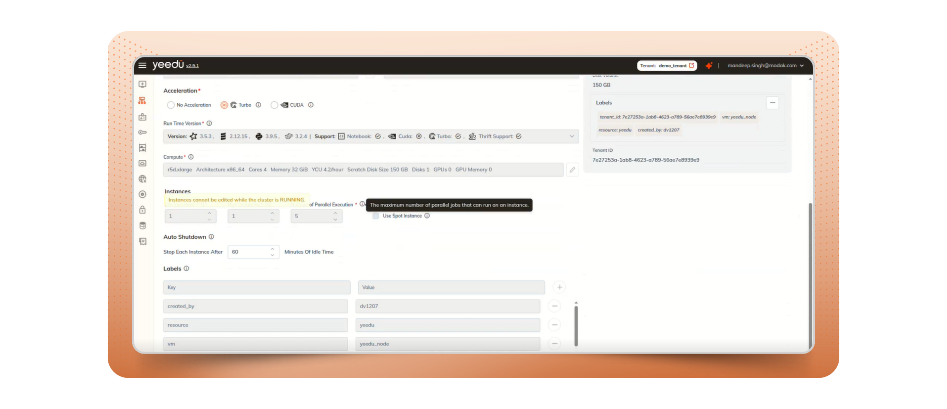 Spark cluster configuration panel for optimizing runtime and parallel jobs.