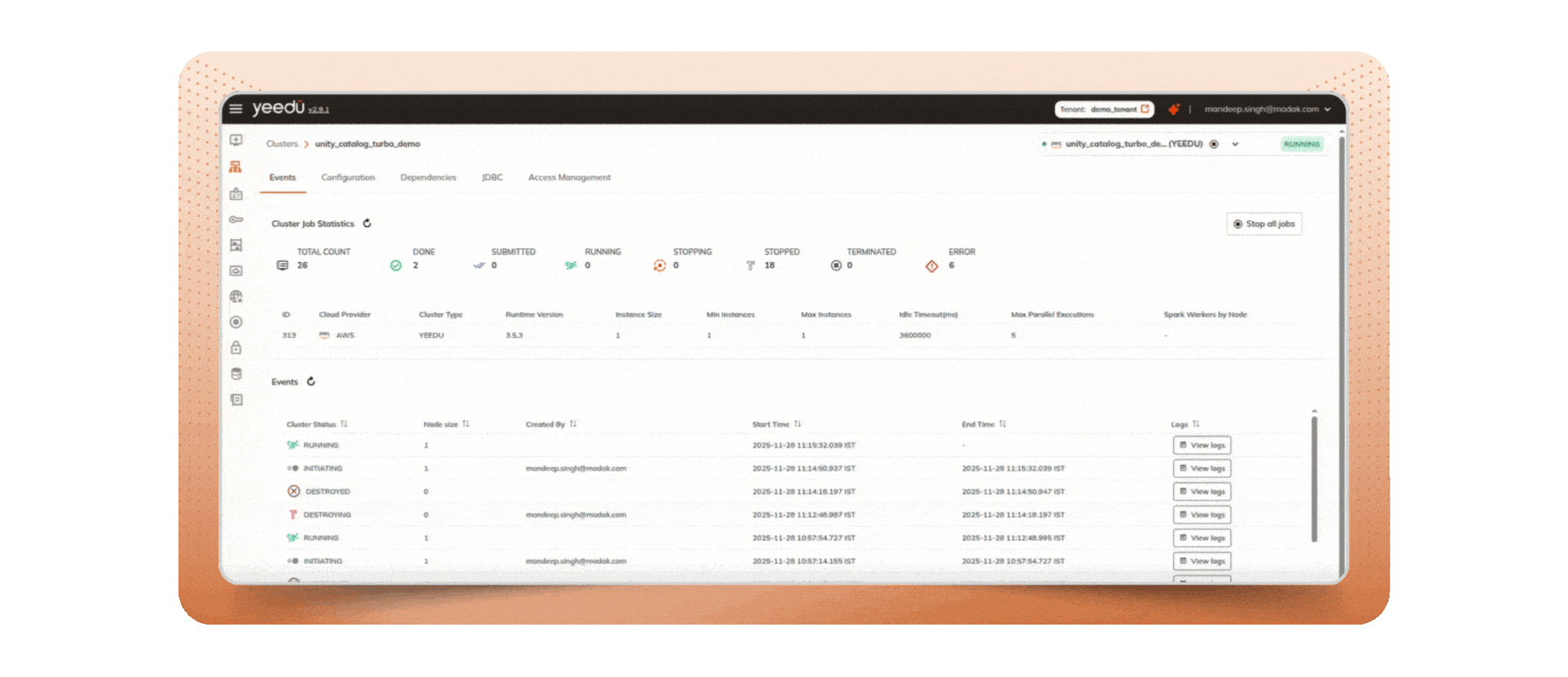 Spark performance tuning dashboard showing live job execution in Yeedu