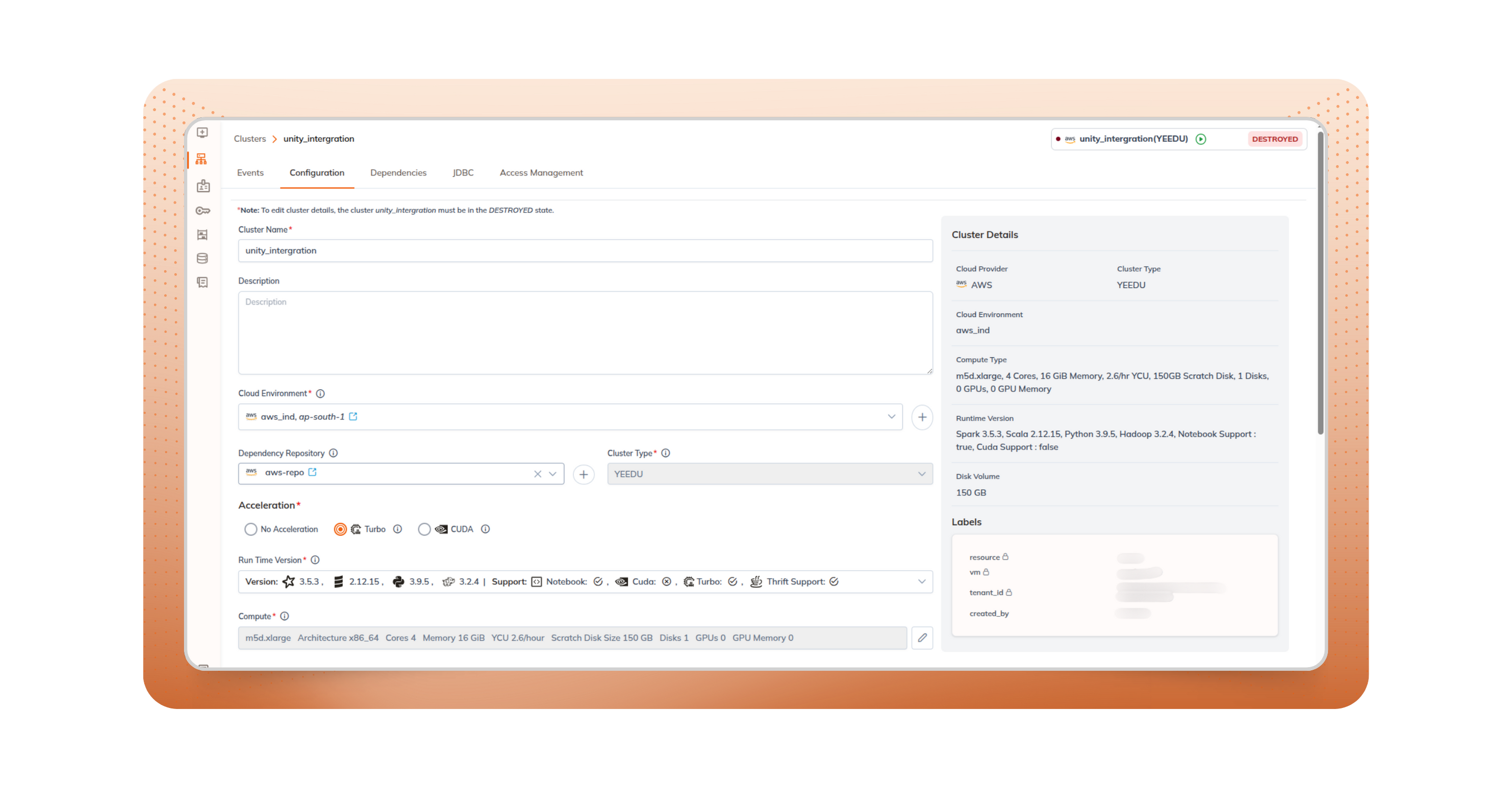 Yeedu cluster configuration screen with Turbo acceleration. 