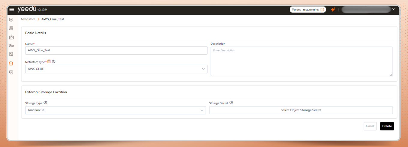 Creating a new metastore in AWS Glue.