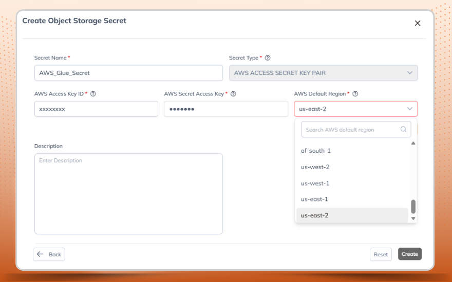 Assigning Secret Key to an Object Storage in Glue