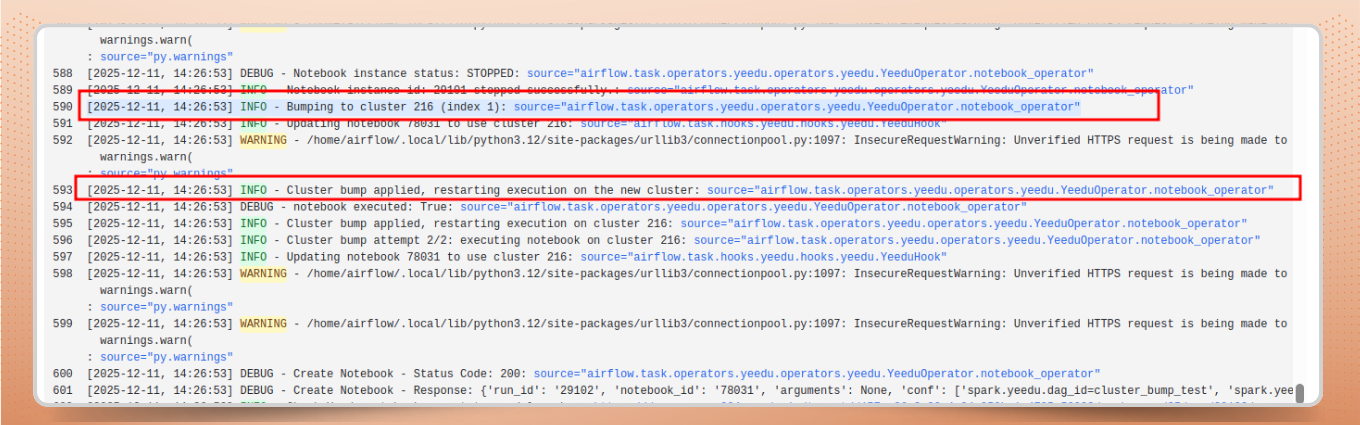 Airflow logs showing job rescheduled on a larger cluster 