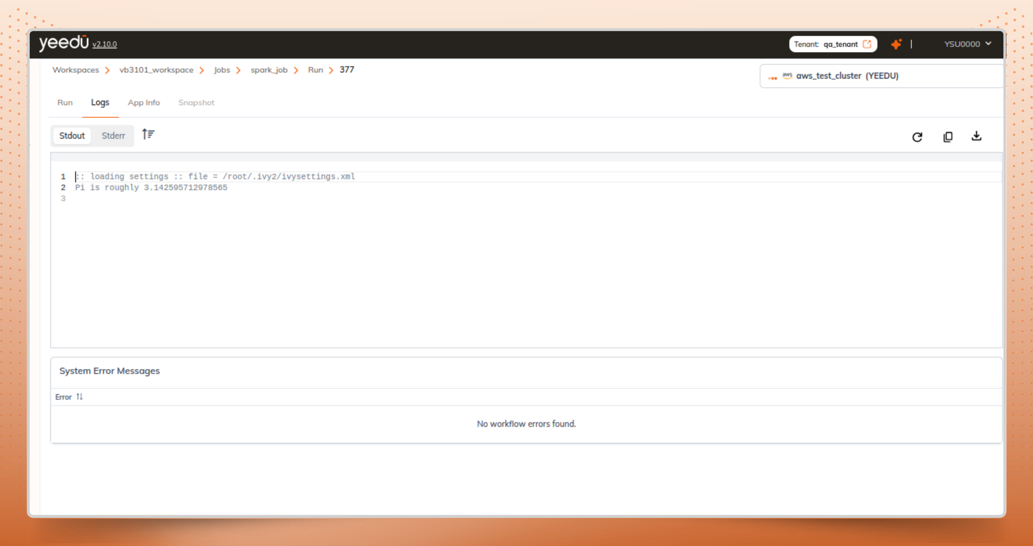 Specific job run logs to debug the issue