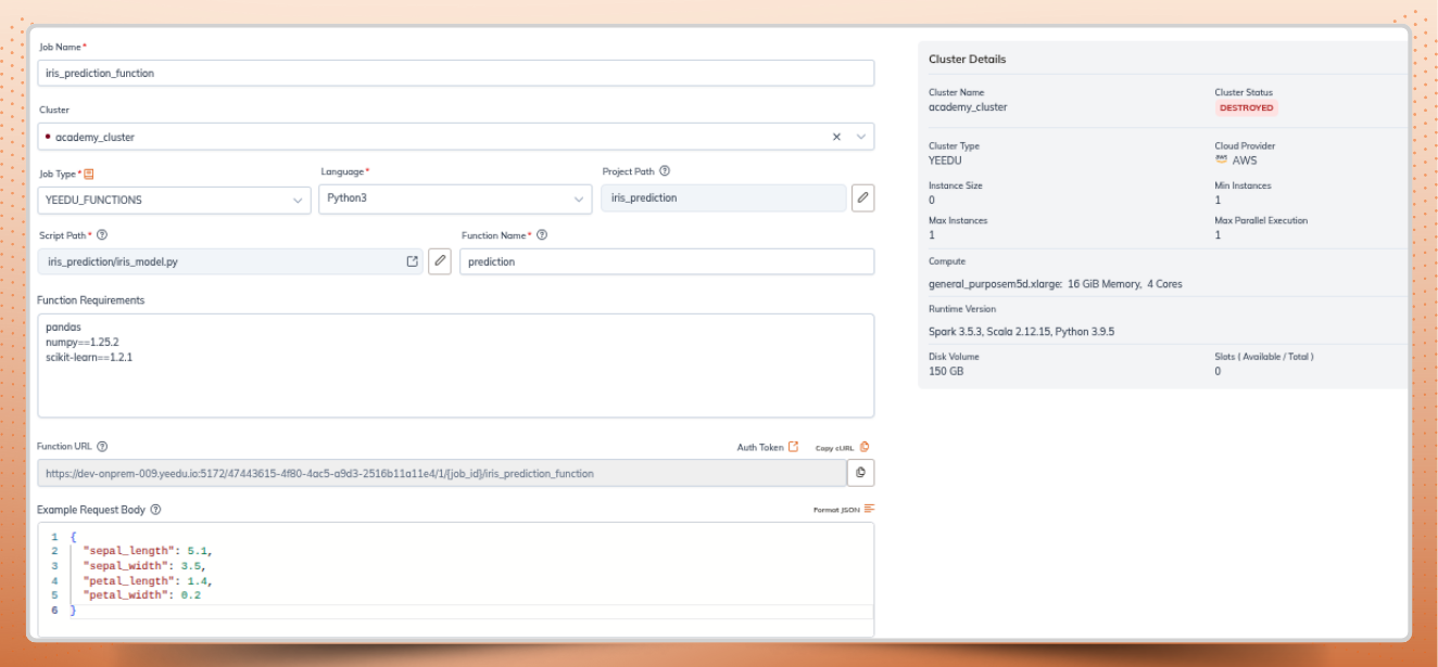 Create the Yeedu Functions job with the required configurations and dependencies 