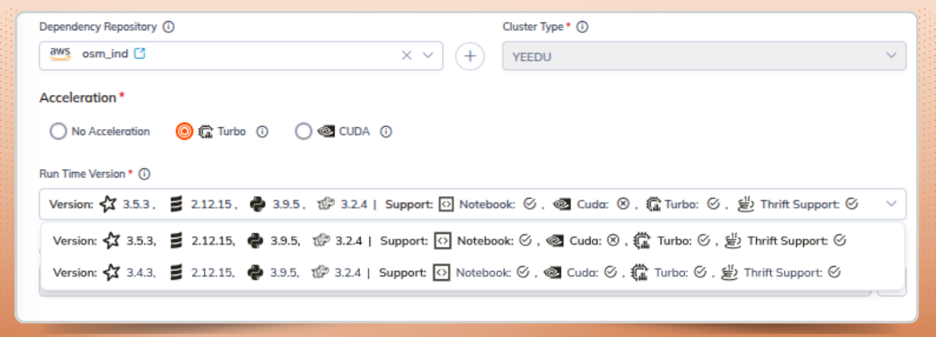 Cluster type and Spark Versions