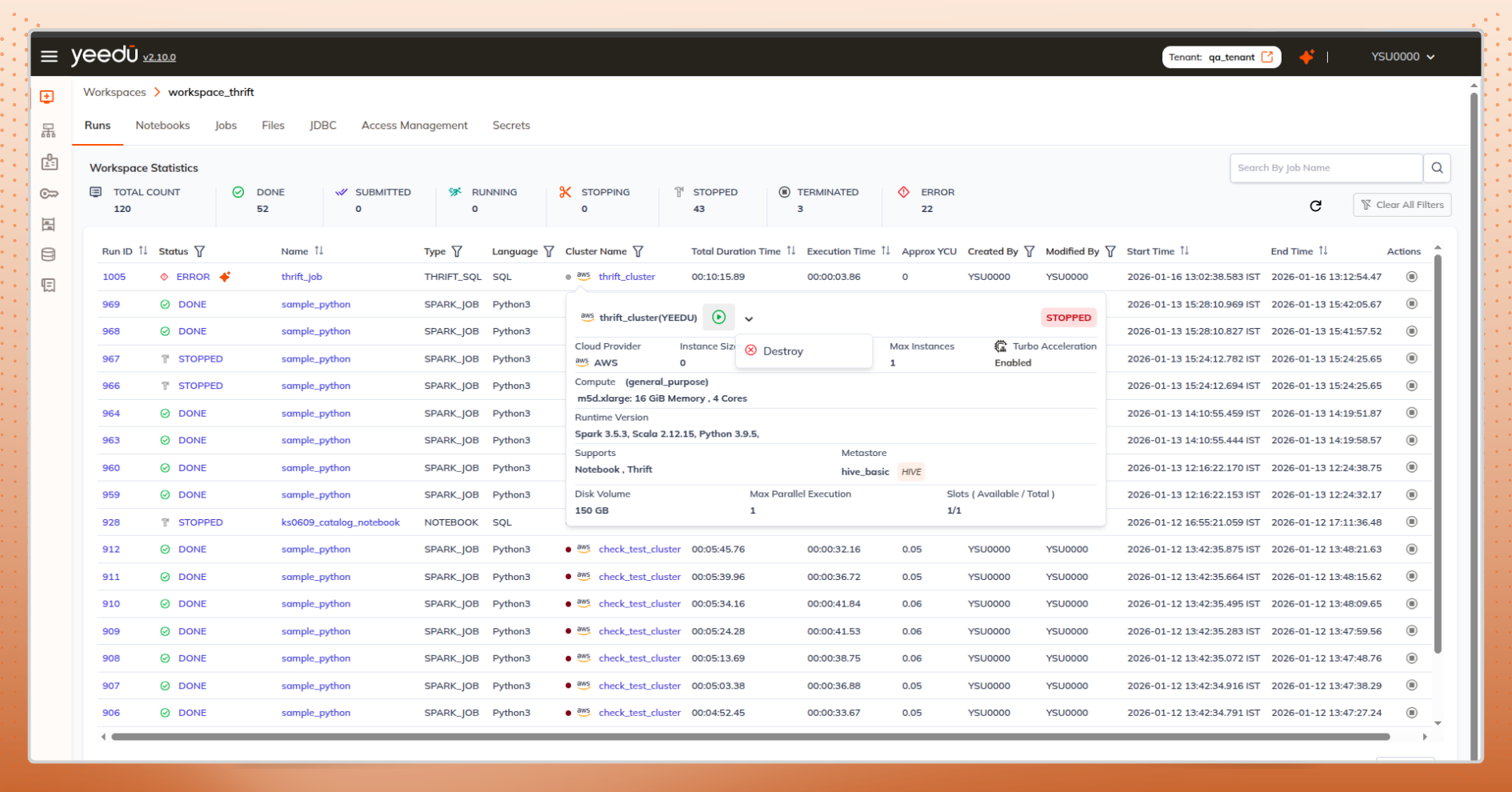 Cluster configuration details in Yeedu UI