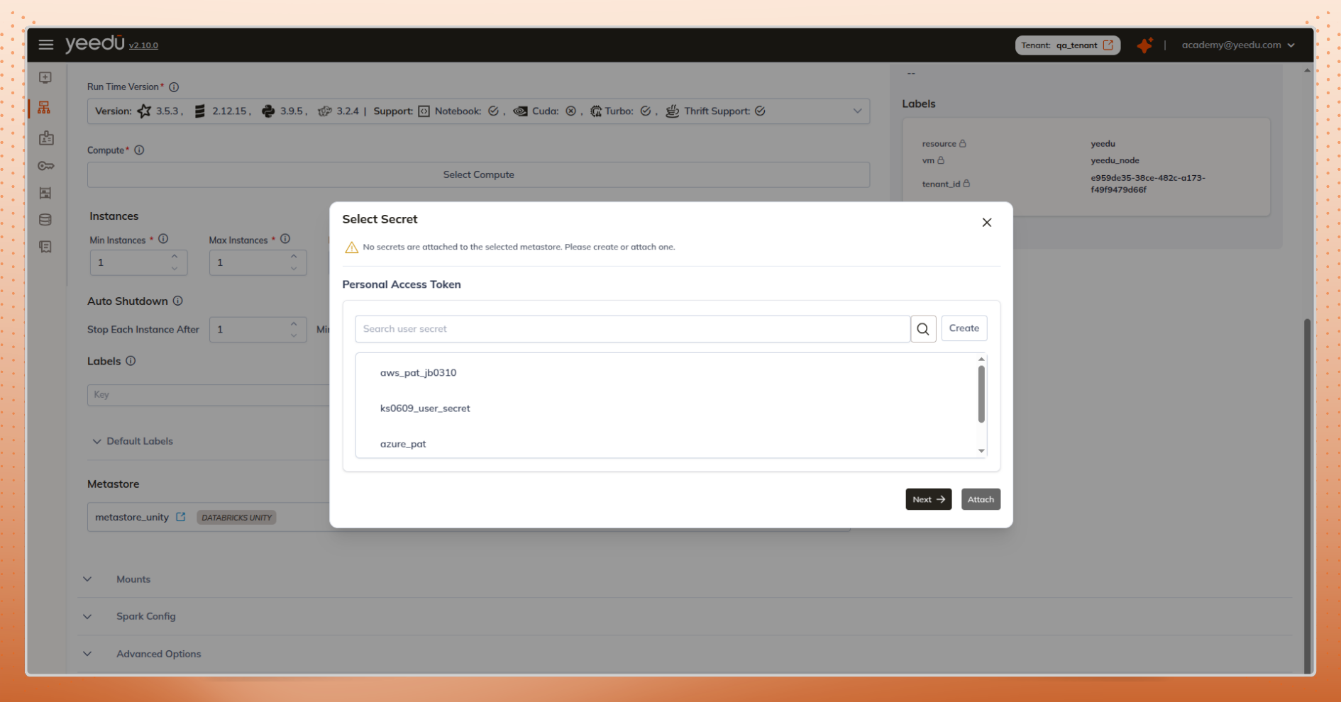 Add secrets while configuring cluster
