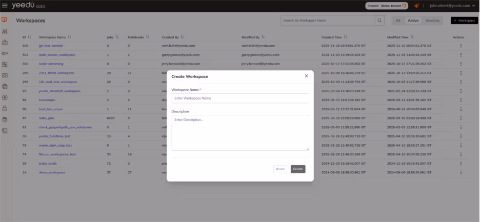 Creating a new workspace under Yeedu workspace