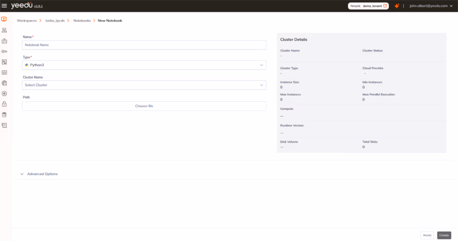 Creating a New Notebook under Yeedu workspace