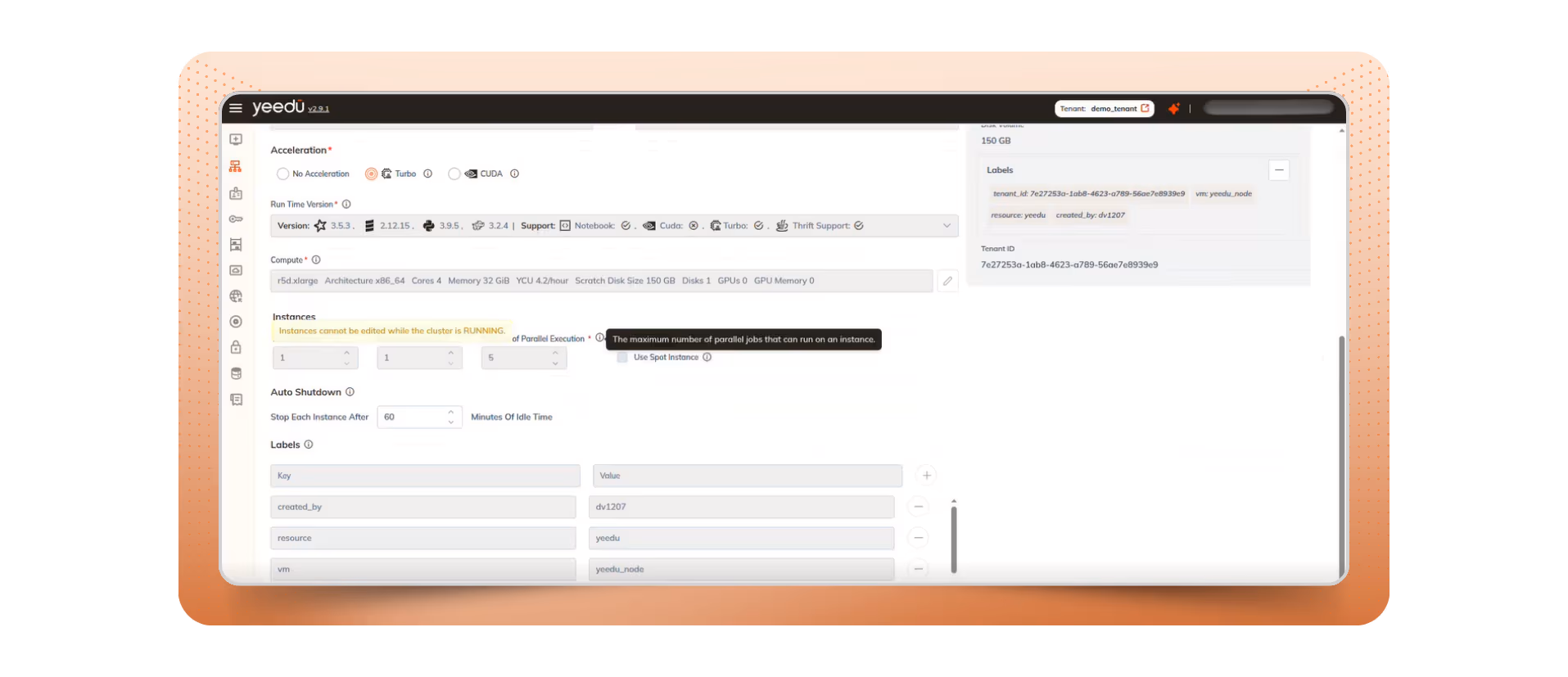 Spark cluster configuration panel for optimizing runtime and parallel jobs.