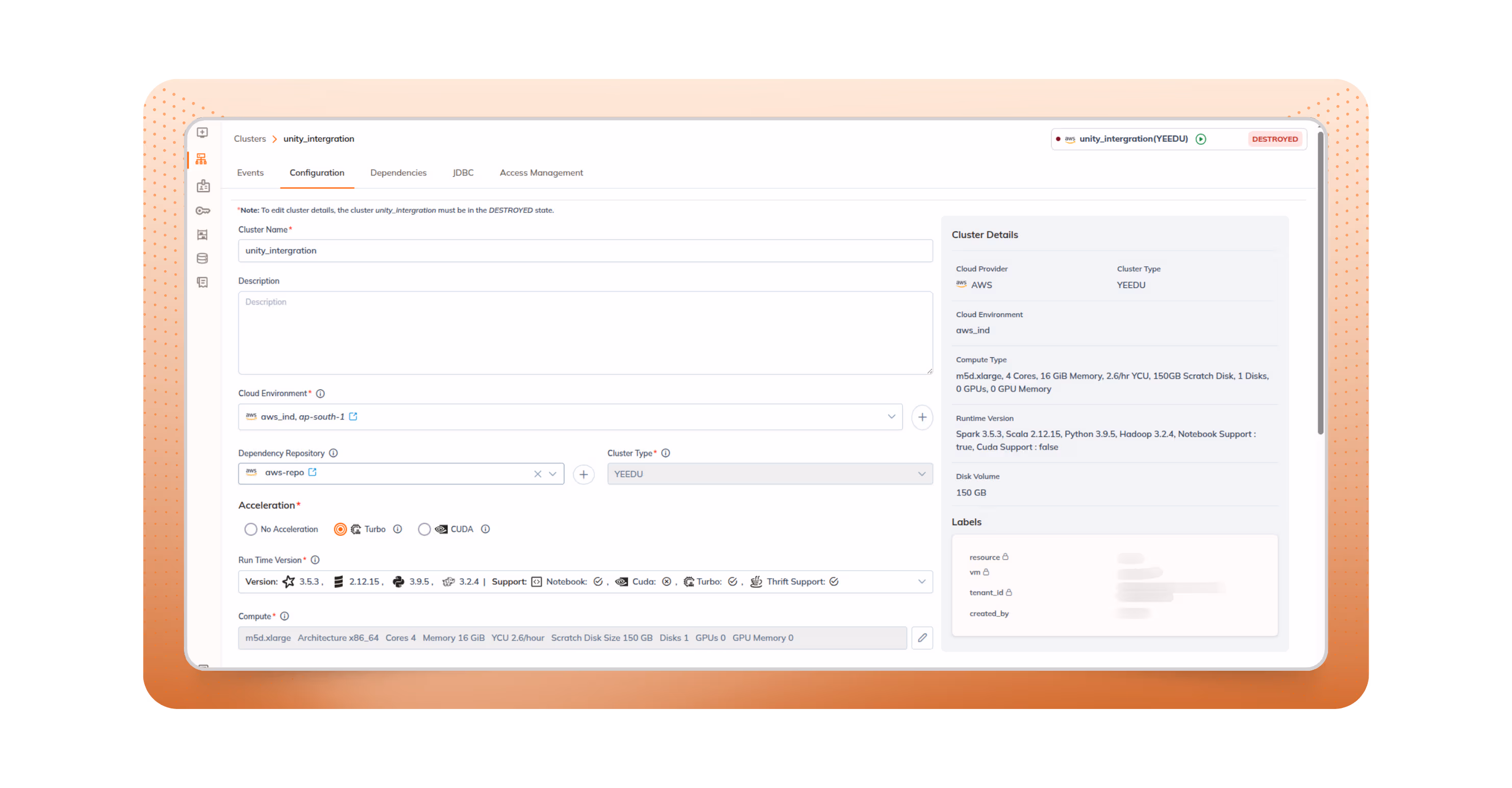 Yeedu cluster configuration screen with Turbo acceleration.