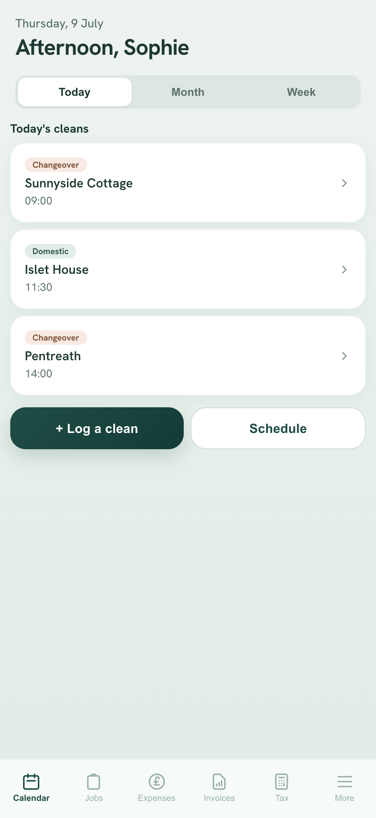 Broom Today view showing three scheduled cleaning jobs