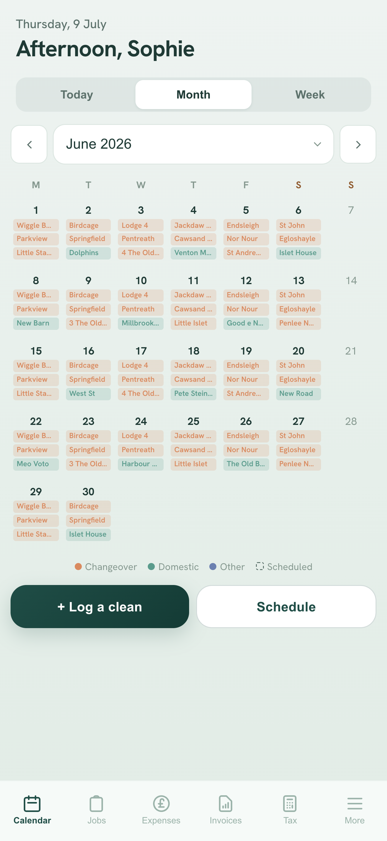Broom monthly calendar filled with changeover and domestic cleaning jobs