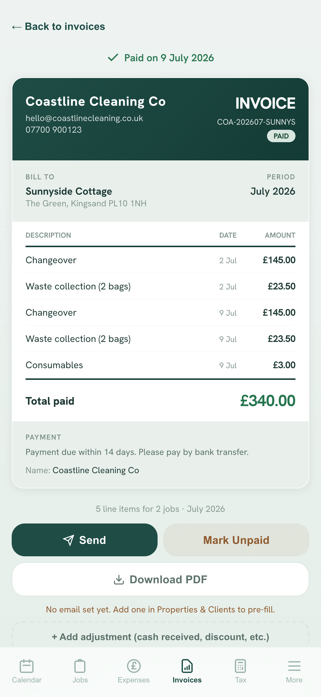 Paid Broom invoice for Coastline Cleaning Co
